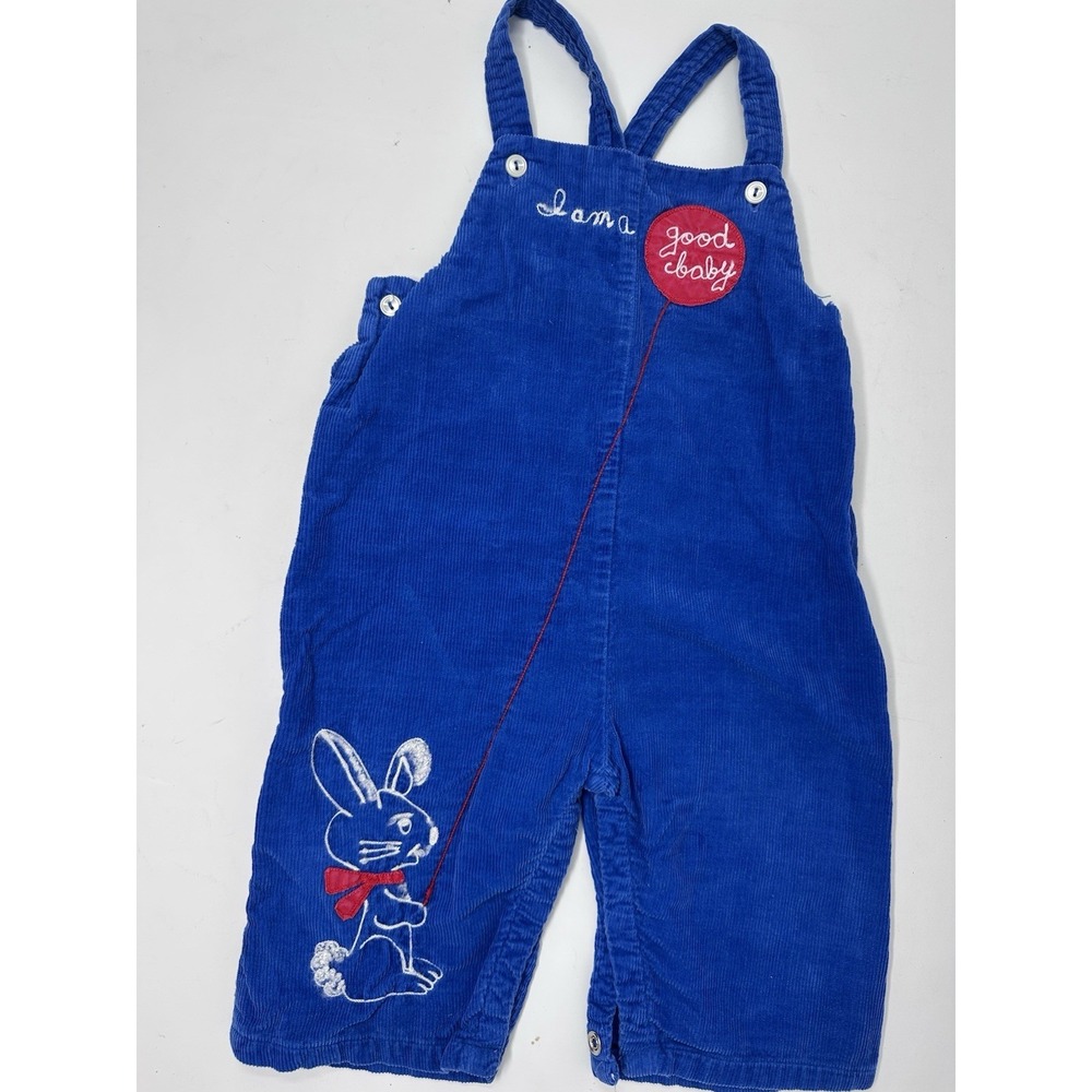 Danny Dare Vintage Baby Size M Blue Corduroy Overalls Embroidered Bunny